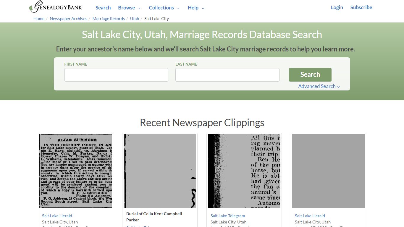 Salt Lake City, Utah, Marriage Records Online Search - GenealogyBank